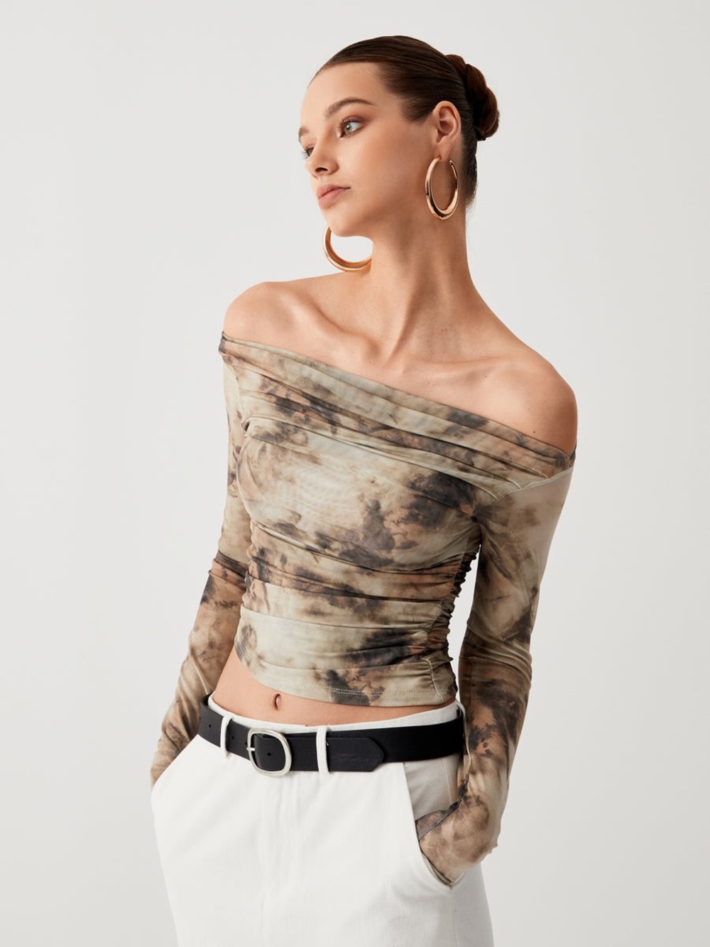Commense semi sheer Tulle Off-Shoulder Tie-Dye Ruched Crop Top - Brown/Beige NWT